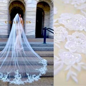 Cathedral Wedding Veil Bridal With Flower Lace Appliqué